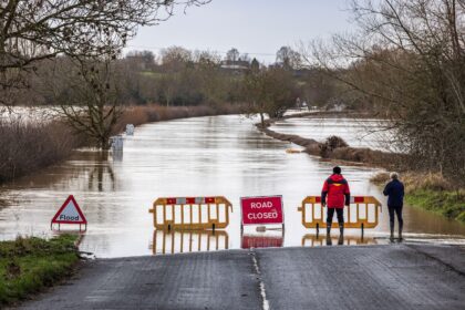 The flooded River Avon on the road to Eckington bridge in January 2024.